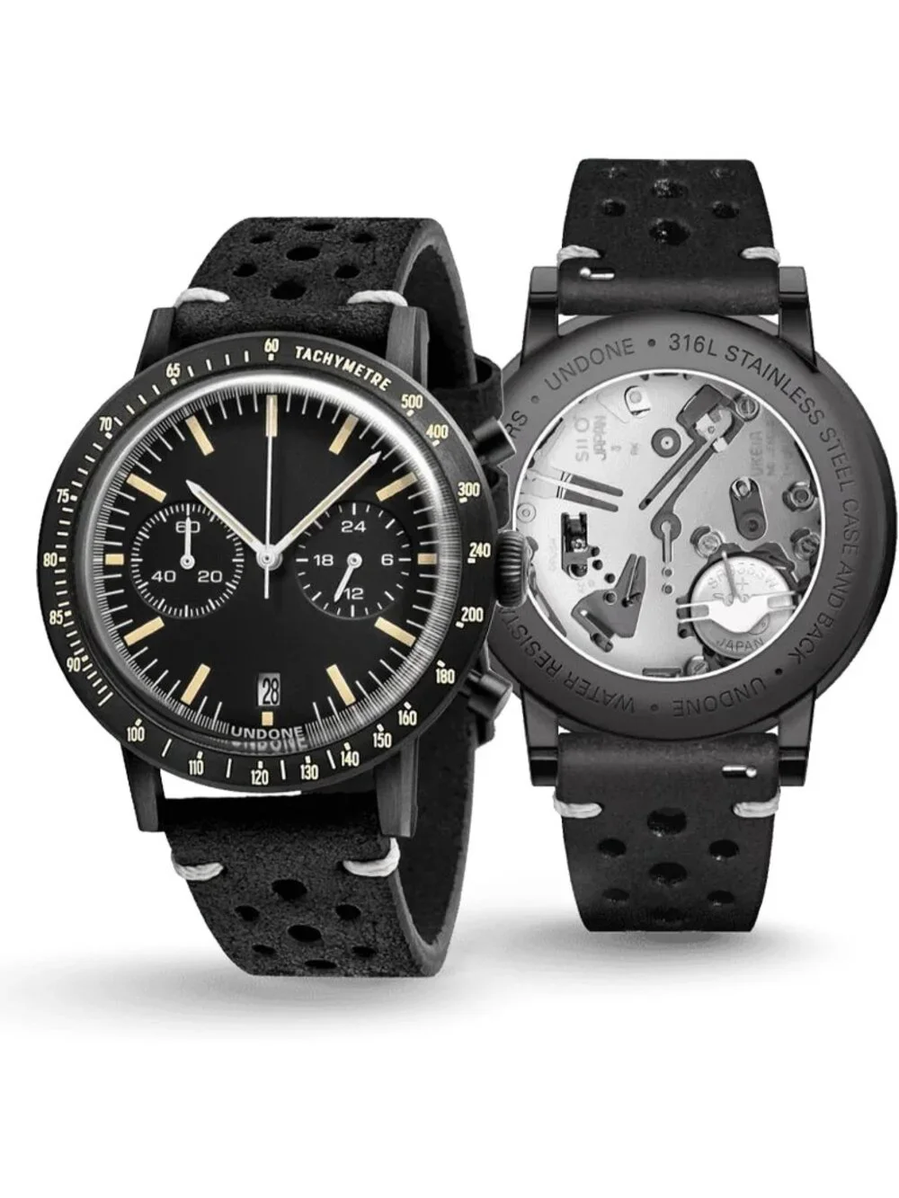 Undone Urban Collection Chronograph Mens Black Dial Black Racing Leather Strap A